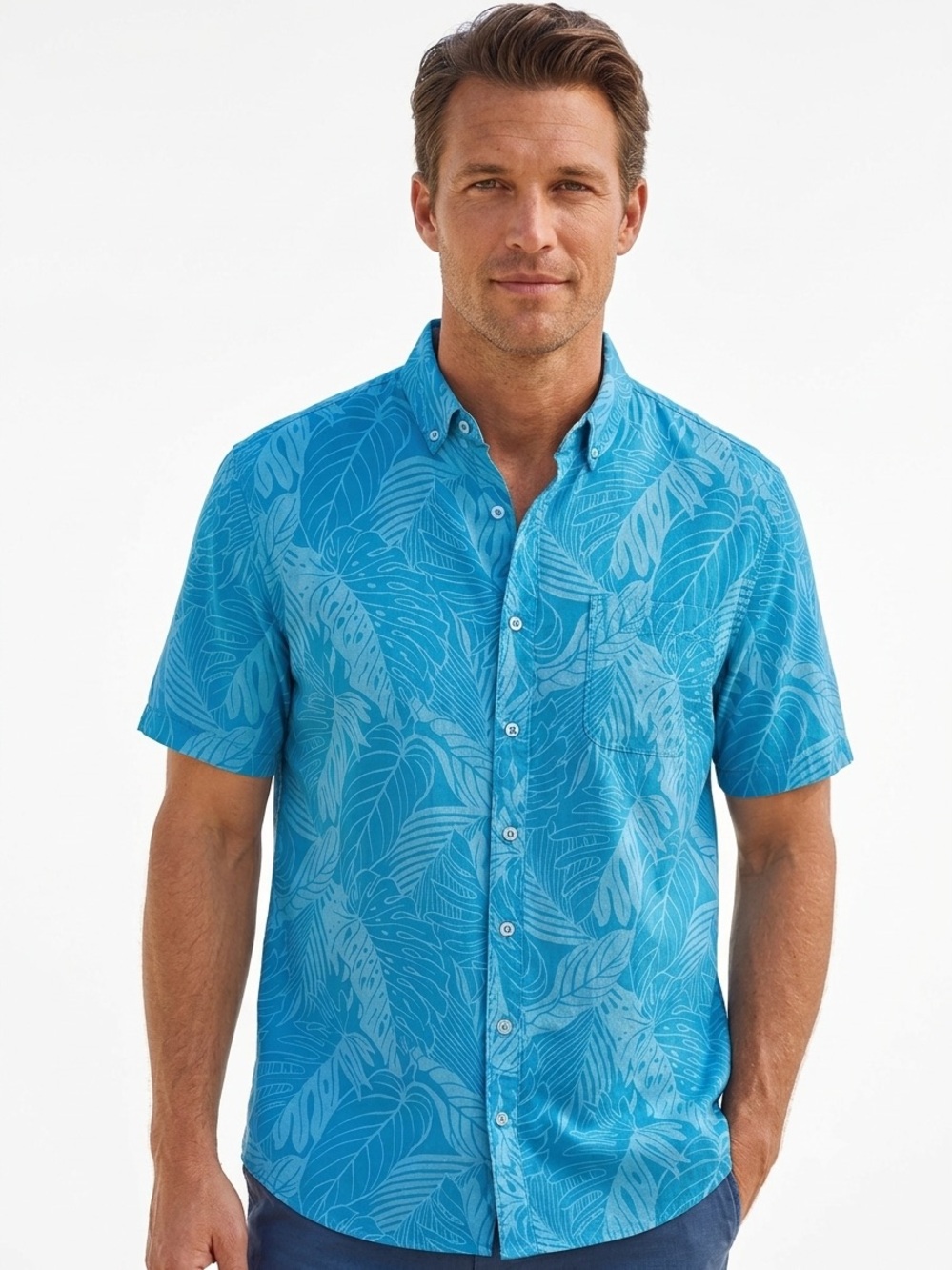 Tommy Bahama Teal Tropical Leaf Short-Sleeve Button-Up Shirt Large